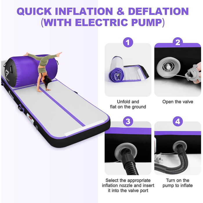FBSPO Гімнастичний надувний мат для гімнастики та йоги з повітряною ролою, 300x100x10 см, чорно-фіолетовий