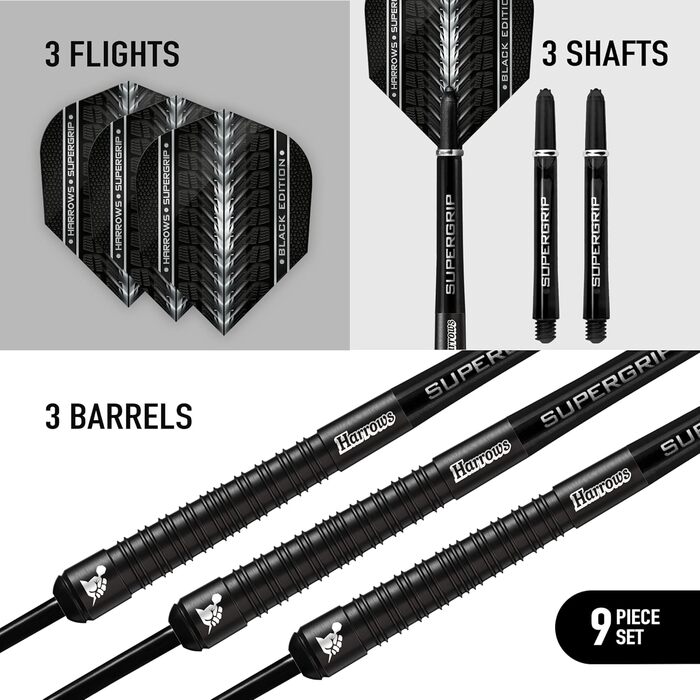 Дартс Harrows SUPERGRIP Black Edition 90% вольфрам, 21-30 г, з наконечником із сталі, комплект із супергріп-шахтами і крилами
