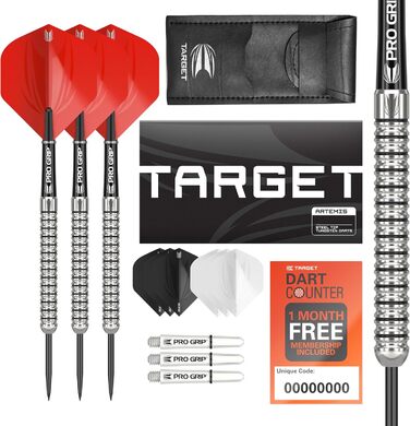 Дротики Target Darts Artemis 21-26 г вольфрамові з металевим вістрям, комплект: 6 Pro Grip шафтів, 9 Pro Ultra лайнерів, чохол для дротиків, купон на додаток Dart Counter