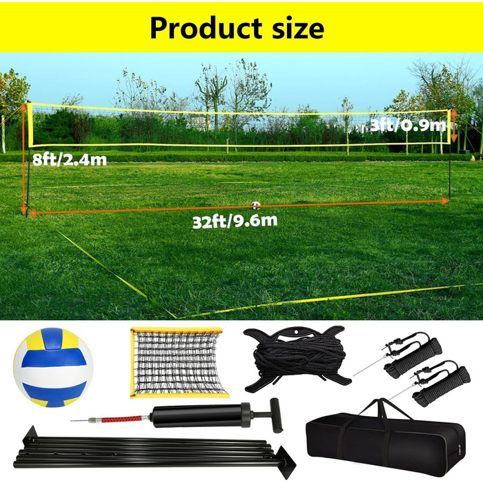 Волейбольний набір Yoving: професійний, 9,5м, регульована висота | Комплект з металевими стовпами, розміткою поля та волейбольним м'ячем | У комплекті сумка для пляжу, саду та клубного спорту