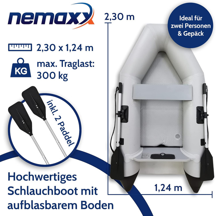 Професійний надувний човен Nemaxx 230 см для 2 осіб, весловий човен для риболовлі та відпочинку, світло-сірий, з веслами, сумкою, ремкомплектом і насосом