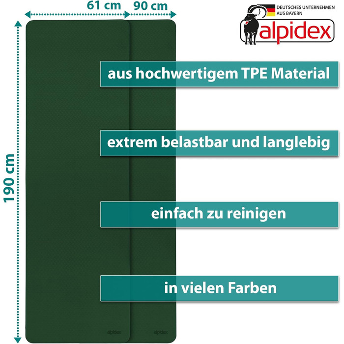 Йога мат ALPIDEX, неслизька, 190 x 61 x 0.6 см, TPE, для фітнесу, гімнастики, пілатесу, йоги, тренувань (темно-зелений / лайм)