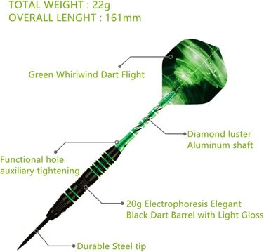 Дарти сталеві професійні Dartpfeil 22 г (3 шт) A-Green + запасні стрижні та чохол