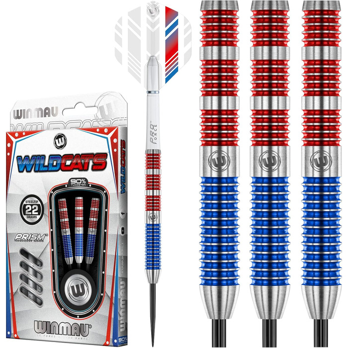 Дротики WINMAU Wildcats 90% вольфраму 22 г з оперенням та стрижнями, призматична технологія, точна вага
