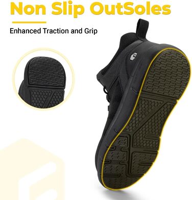 Черевики безпеки FitVille для чоловіків, X-широкі, з металевим носком, легкі, дихаючі, антипрокольні, протиковзкі, чорні, 47 EU