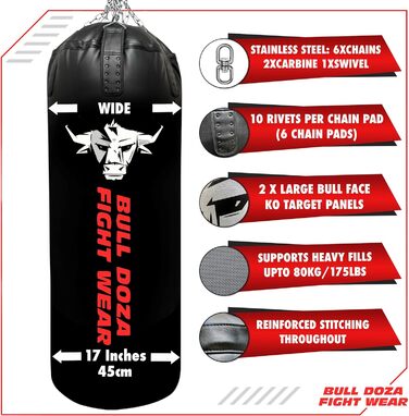 BULL DOZA FIGHT WEAR самонаповнюваний боксерський мішок XL 4FT, для MMA, боксу, кікбоксингу, Муай Тай, тхеквондо, з підвісними ланцюгами, карабіном, чорний, для єдиноборств