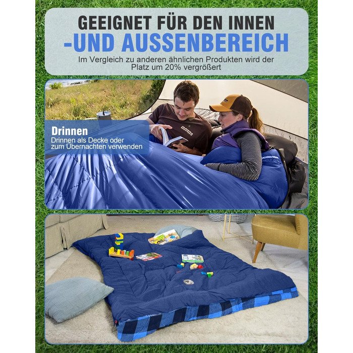 Спальний мішок для двох осіб з флянелі, 220 x 160 см, з двома блискавками, 2 подушки та сумка для перенесення, для дорослих, блакитний