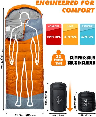 Спальні мішки для дорослих та дітей – для холодної та теплої погоди. Водонепроникний, легкий спальний мішок для кемпінгу, походів та трекінгу (з компресійним мішком). Підходить для 3-4 сезонів, 10-20°C, 1.5KG – Чорний та Оранжевий