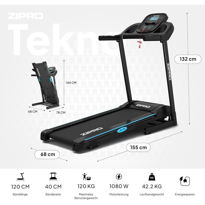 Біговий тренажер Zipro Tekno з нахилом, до 14 км/год, LCD дисплей, для дому, до 120 кг, двигун 1.5-2.5 PS