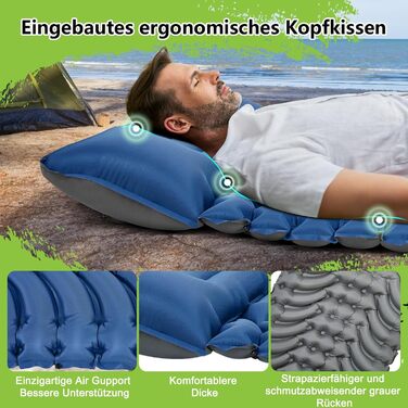 Килимок для кемпінгу MEIJO Isomatte самонадувний, ультралегкий з насосом, товстий для відпочинку на природі, намету, пляжу, блакитний & сірий