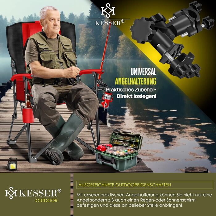 Кресlo для кемпінгу KESSER® - складне, 160 кг, з підлокітниками, кишенею для напоїв та сумкою | Стілець для риболовлі, пляжу, відпочинку