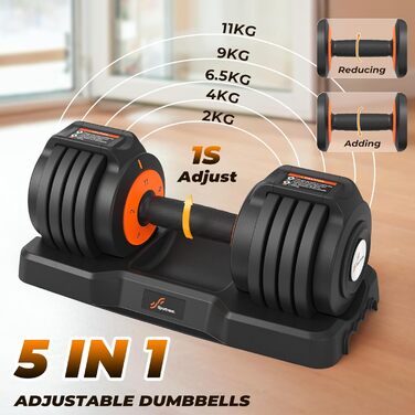 Sportneer Регульовані гантелі 2 шт. - набір, 5-в-1 (2/4/6.5/9/11 кг), обладнання для фітнесу вдома з антиковзним покриттям, набір регульованих гантелей для чоловіків та жінок 11 кг x2