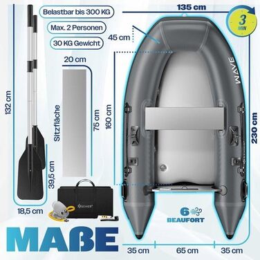 Надувний човен KESSER® Wave 230-320 см (комплект 6 в 1): човен, лавка, насос, весла, ремкомплект, сумка. Можливість встановлення мотора, для солоної води, антрацит.