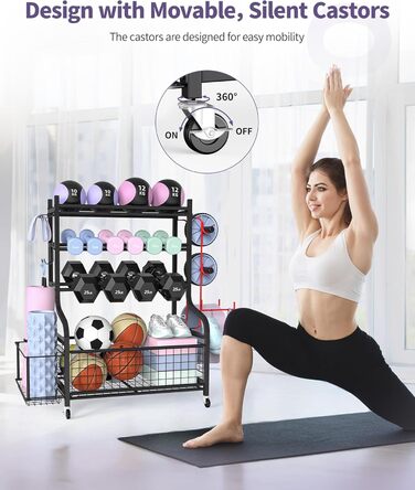 Стійка для гантелей та йога-матів ZACHVO – 160 кг, з 4 роликами та 8 гачками