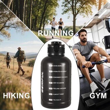Пляшка спортивна GEMFUL 3л з міткою часу, соломинкою та ручкою, сіра. BPA-free, герметична, для фітнесу, тренувань та активного зволоження.