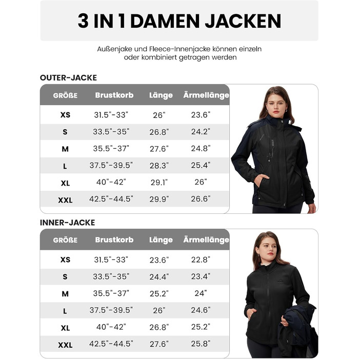 Жіноча куртка 3-в-1 для активного відпочинку: вітро- та водонепроникна з флісовою підкладкою, тепла зимова куртка з капюшоном (Чорний, XXL)