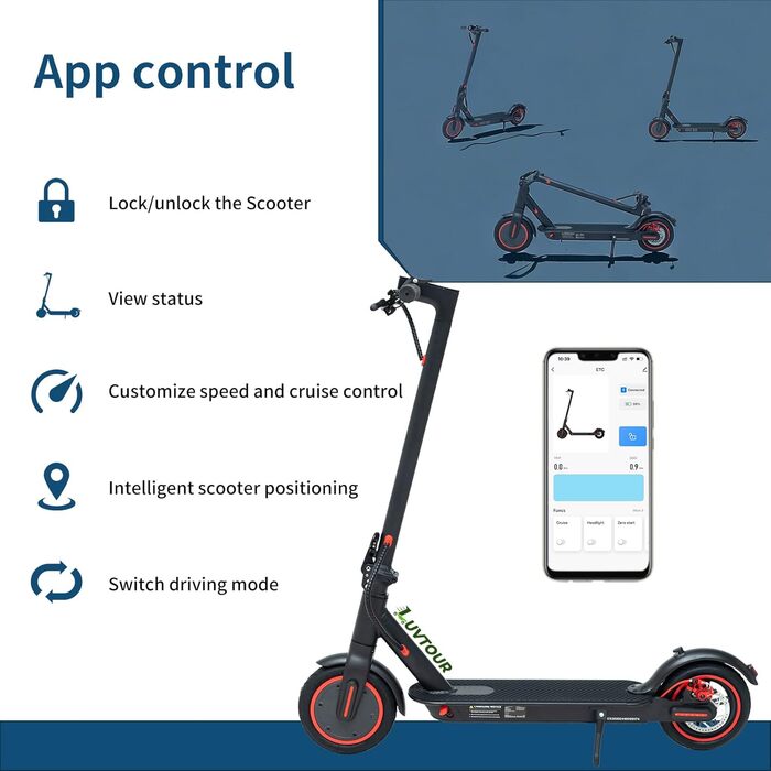 Електросамокат LuvTour ES-S3 PRO для дорослих, 20 км/год, запас ходу 40 км, складаний, з додатком, подвійні гальма, 8,5'' пневматичні колеса, чорний