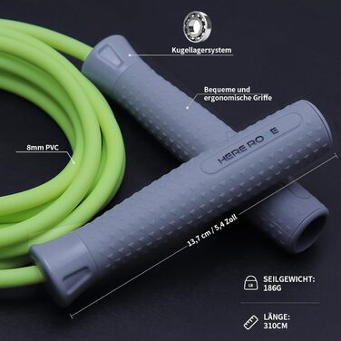Обтяжене скакалка HEREROPE для кардіо, HIIT та MMA, товстий PVC-шнур з обертом 360°, регульована довжина, протиковзкі ручки, колір Limegrün