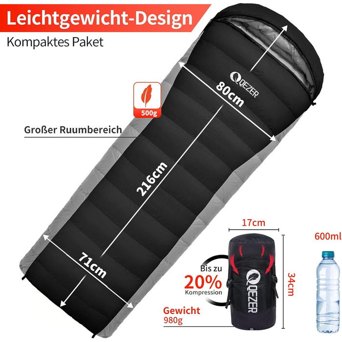 Спальний мішок пуховий зимовий, 600FP+ Premium, 12°C - -24°C, легкий та теплий, 3-4 сезони, для кемпінгу, трекінгу, чорний
