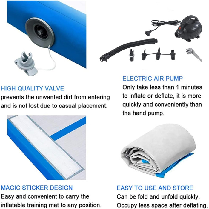 Гімнастичний мат Air Track для тумблінгу та йоги з електричним насосом, протиковзкий та водонепроникний, 400x100x10 см (Синій)