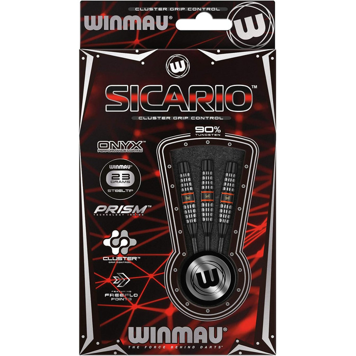Дротики WINMAU Sicario 23 г вольфрамові для дартсу, стілтіп, професійні, з хвостовиками та оперенням