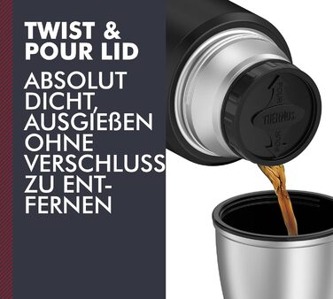 Термос із нержавіючої сталі Thermos King 1,2 л, чорний матовий, з чашкою, 12 годин гаряче / 24 години холодне, BPA free, придатний для миття в посудомийці, з ручкою