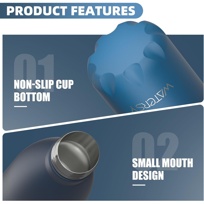 Фляга для напоїв WATERSY з нержавіючої сталі, 500 мл, ізольована, спортивна, дитяча, чорна, з двошаровою конструкцією, без BPA, з квітковим дизайном (2 шт. блакитно-зелені)