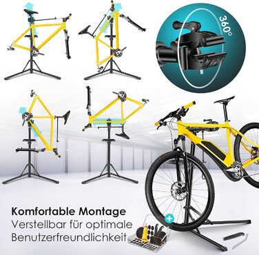 Підставка для збирання велосипедів KESSER® Profi Alu: міцна, 360° обертання, для гірських та електровелосипедів, з сумкою та набором для ремонту