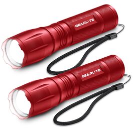 Ліхтарик GEARLITE LED на батарейках, надпотужний 2000 люмен, водонепроникний IP65, з зумом та 5 режимами роботи, червоний (набір 2 шт.) для кемпінгу, походів та екстрених ситуацій