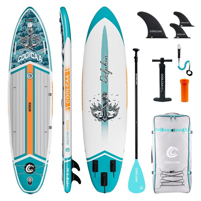 SUP дошка COOLCAA 355 см надувна, широка 86 см, для риболовлі, з аксесуарами та сумкою, вантажопідйомність 222 кг
