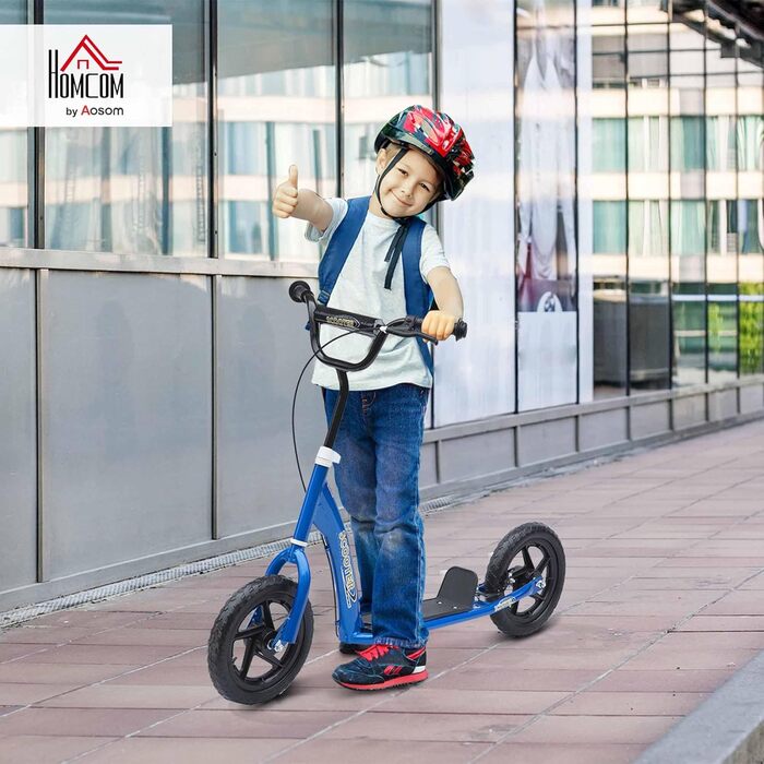 Самокат дитячий HOMCOM 12 дюймів, регульований кермо, гальмо, сталевий, синій для хлопчиків та дівчаток 5-12 років