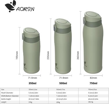 Термобутилка AORIN з нержавіючої сталі 18/8, 350/500/750 мл, герметична, BPA-free, спортивна пляшка для спорту, школи та активного відпочинку