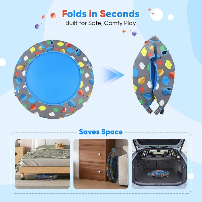 Міні-батут для фітнесу складний без встановлення 107 см, вантажопідйомність 150 кг, 3 рівня регулювання ручок, стабільний та тихий, для дітей (включно з м'ячами для басейну, 100 шт.)