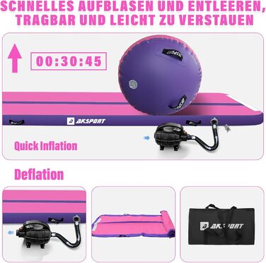 Airtrack AKSPORT з роликом для гімнастики: надувна килимок для дому, йоги, чеерлідингу, акробатики, ролінгів, 3м, рожевий