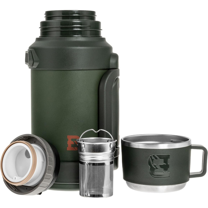 Термос Badger Outdoor Big Boy 1,3 л з нержавіючої сталі, із чайним ситечком, вакуумною ізоляцією, зберігає тепло до 24 годин, з ремінцем для перенесення, оливковий зелений