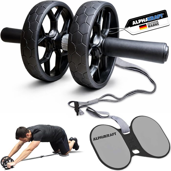 ALPHAKRAFT Ролик для пресу AB Roller з гумовим кільцем та накладками на коліна | Преміум ролик для тренування м'язів живота вдома | Ролик для пресу та тренажер для кора з планом тренувань