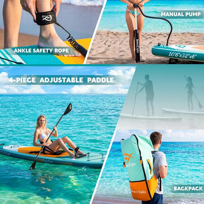 SUP-дошка InnoExpo надувна з аксесуарами, широка, стабільна, для підлітків та дорослих (м'ятний колір, з каяковим сидінням, 335x83x15 см)