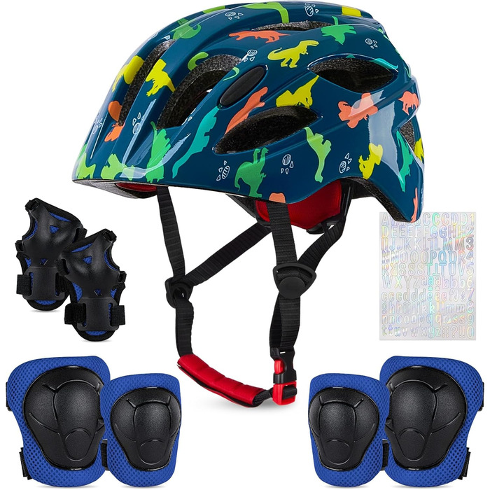 Дитячий шолом Kinderhelm для велосипеда, 3-8 років, дівчатка, регульований, комплект наколінників, блакитний динозавр