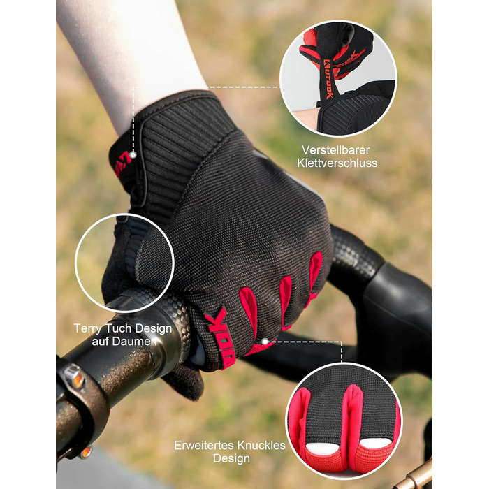 Велосипедні рукавички KUTOOK: антиковзаючі, амортизуючі, з підтримкою сенсорного екрану. MTB, шосе, гірський велосипед, подорожі, трекінг (червоний, L)