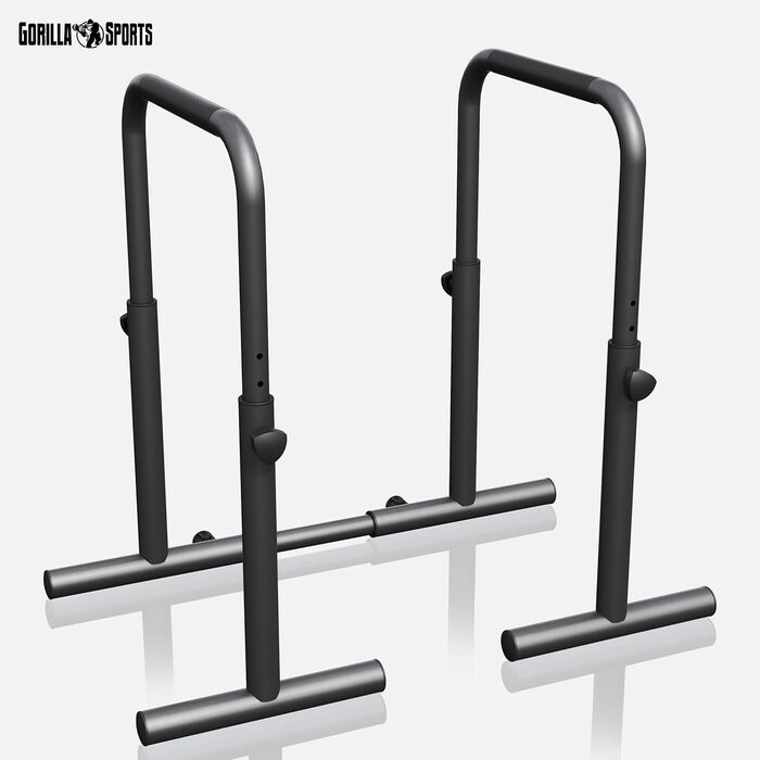 GORILLA SPORTS® Бруси для віджимань та діпів, регульовані, 80-100 см, нековзні, сталь, до 500 кг, чорні – паралети, станція для діпів, обладнання для калістеніки для дому