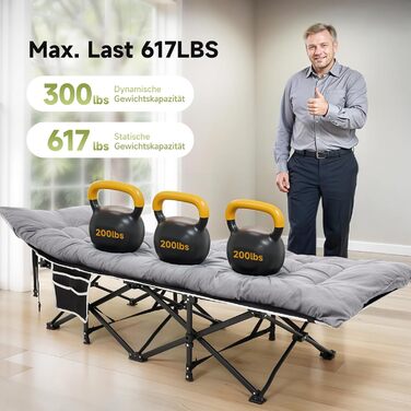 Ліжко-розкладачка Warmiehomy XXL з матрацом для дорослих, гостьове ліжко, широке, міцне, для кемпінгу, відпочинку, офісу, саду, сіре, з матрацом