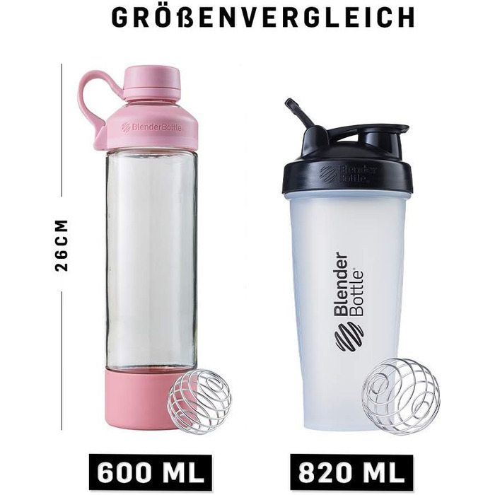 Скляна пляшка BlenderBottle Mantra з кришкою та BlenderBall, для води, йоги та протеїнових коктейлів, BPA Free, 600 мл, рожевий