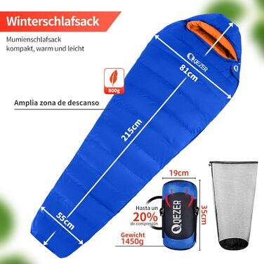 Спальний мішок пуховий Daunenschlafsack зимовий 0°C до -23°C для дорослих та дітей, 4 сезони, синій сапфір, 800 г пуху, комфортна температура 7°C
