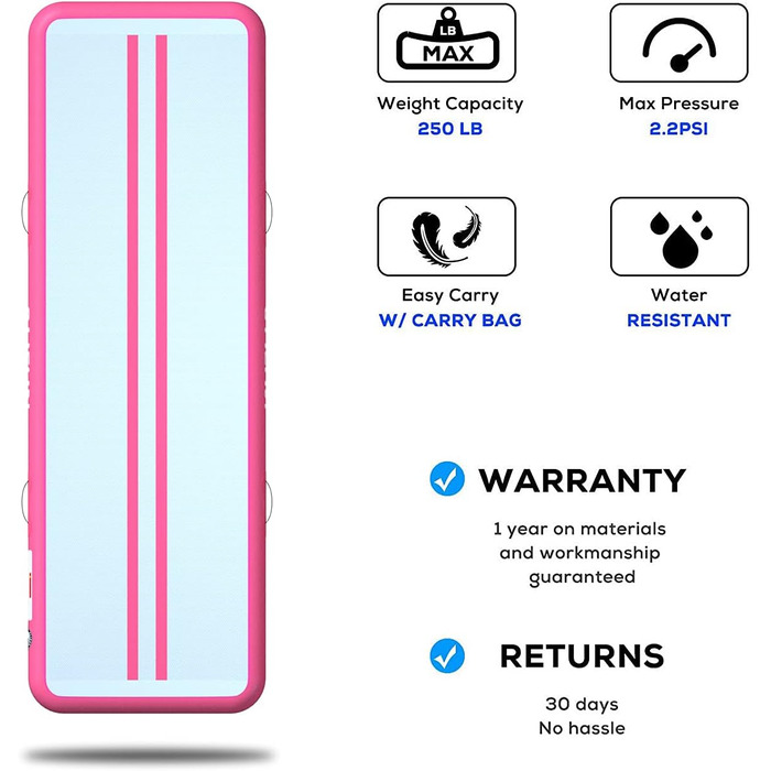 ALIFUN Надувний гімнастичний мат, 300x100x20 см, рожевий, товщина 20 см, для дому, фітнесу, челедингу, басейну