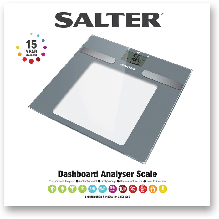 Скляна цифрова вага Salter 9194 SV3R для аналізу тіла, LCD-дисплей, до 180 кг, вимірювання жиру, води, м'язової та кісткової маси, ІМТ, BMR, 10 користувачів, спортивний режим, срібляста