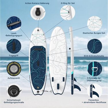 Надувний SUP-борд JUMMICO 320x80x15 см з каяковим сидінням та веслом, до 160 кг, для серфінгу, риболовлі, йоги (бірюзово-білий з хвилями)