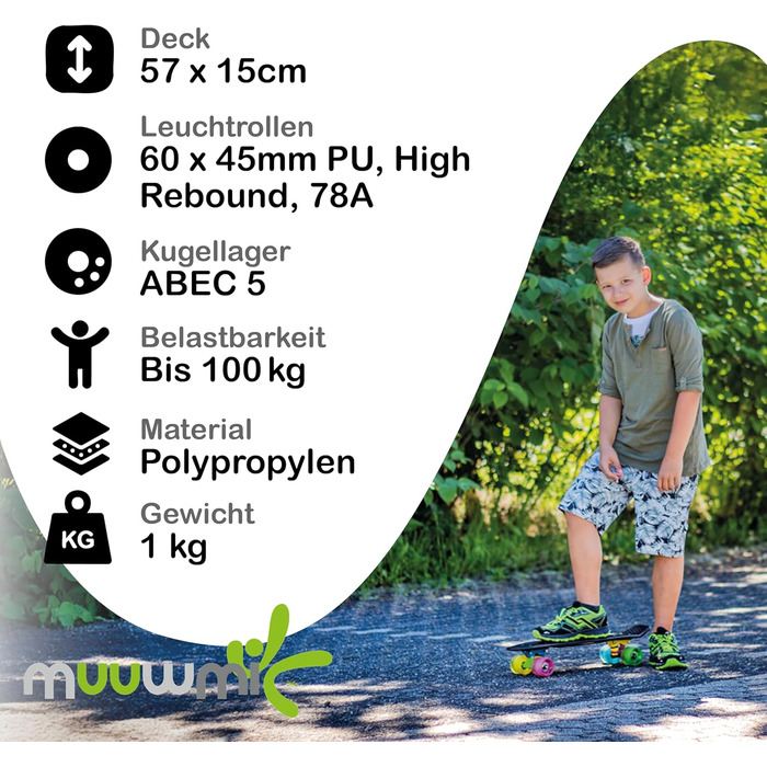 Скейтборд Muuwmi Fun - Дошка 57x15 см, Підшипники ABEC 5, PU Колеса 60x45 мм (рожевий)