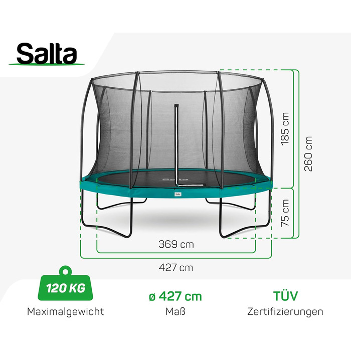 Трамплін Salta Comfort Edition (різні діаметри) – ⌀183-427 см, TÜV geprüft, зелений/рожевий, комплект з матю, сітки та захисту
