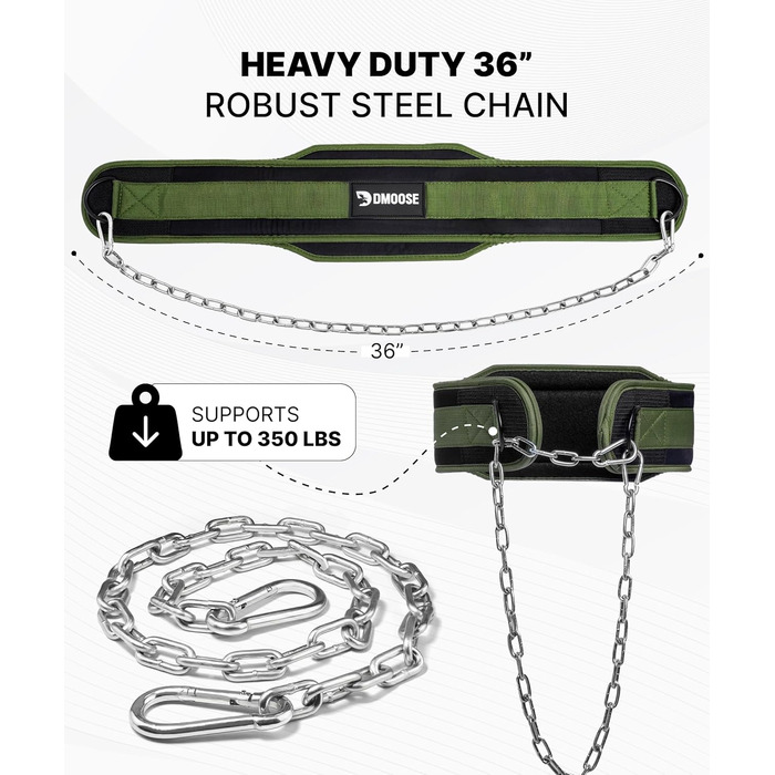 Пояс для важкої атлетики DMoose Dip з 36' сталевою ланцюгом - для підтягувань, присідань, пауерліфтингу. Зручна неопренова підтримка. Для чоловіків та жінок.
