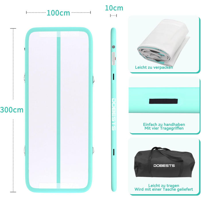 Airtrack BESTS мат гімнастичний 300x100x10 см, зелений: для дому, фітнесу, йоги, спорту з насосом та сумкою